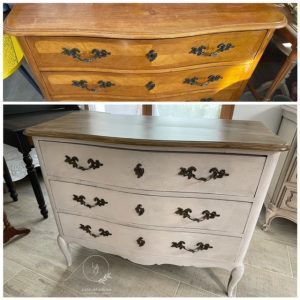 Commode galbée blanche et bois