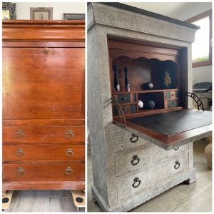 Secrétaire merisier relooké patine ancienne grise, beige, noir et cuivre