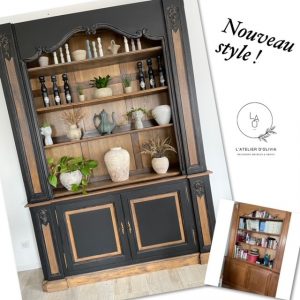 Bibliothèque relookée industrielle noire et bois